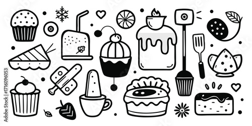 Whimsical baking essentials collection line art design elements sweet treats and kitchen tools