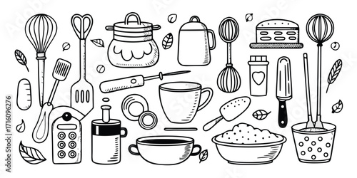 Hand drawn baking essentials collection kitchen utensils tools and ingredients art style line drawing