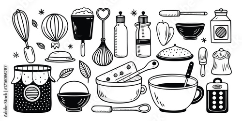 Whisking bowls spices jars and coffee cup sketch for culinary kitchen baking needs
