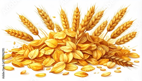 Golden oat pile with wheat stalks arranged artfully, showcasing texture and detail against a white background