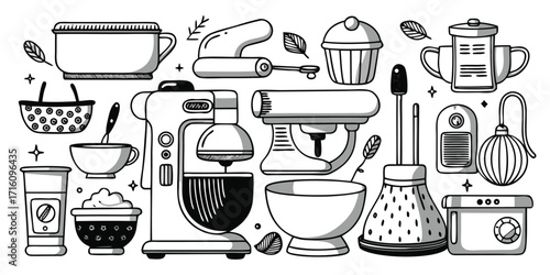 Diverse baking essentials collection with mixers bowls cups and more drawing