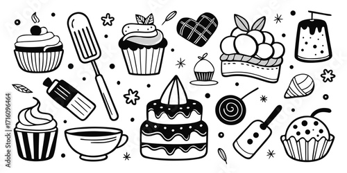Hand drawn baking essentials and delicious desserts collection for creative projects
