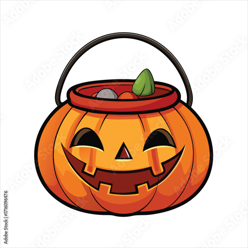 Classic jack o lantern candy bucket for halloween trick or treating flat vector illustration.