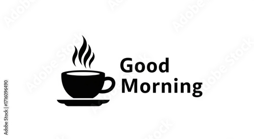 A steaming cup of coffee with the words good morning next to it, isolated on a white background, symbolizing the start of a new day and a warm beverage