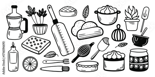 Hand-drawn baking essentials collection kitchen utensils pastry tools and ingredients line art