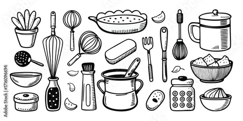 Drawn kitchen essentials collection for baking and cooking food preparation supplies