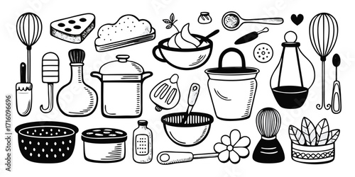 Hand drawn baking essentials collection featuring kitchen tools utensils and ingredients for cooking creations