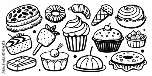 Hand-drawn assortment of delicious baked goods and desserts line art collection