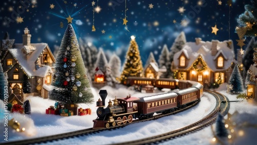 Christmas train set with snow covered village