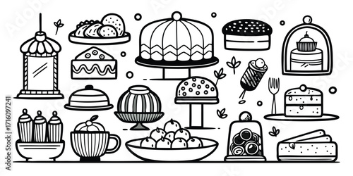 Hand-drawn collection of delicious baked goods desserts and sweet treats for baking lovers