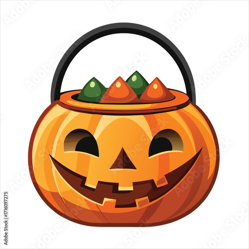 Classic jack o lantern candy bucket for halloween trick or treating flat vector illustration.