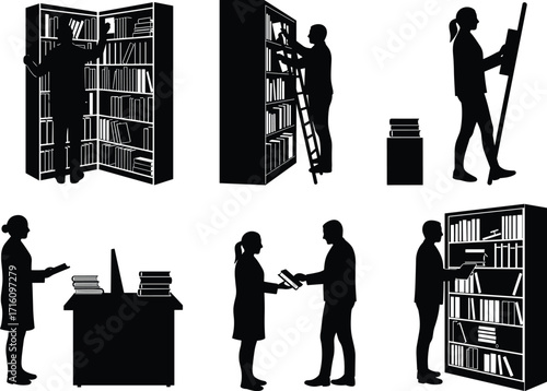 Bookshelf silhouette, reading person, library study, book lover, education art, literature, research, knowledge, learning, academic, study room, reading illustration