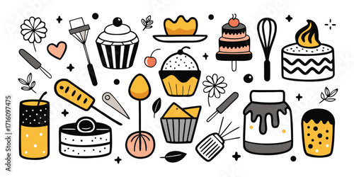 Collection of hand-drawn baking essentials sweet treats and kitchen tools for desserts