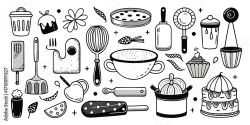 Baking essentials collection assorted kitchen tools and sweets illustrated design elements for cooking enthusiasts