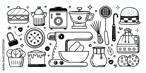Hand drawn baking kitchen essentials collection featuring mixer pots utensils and more