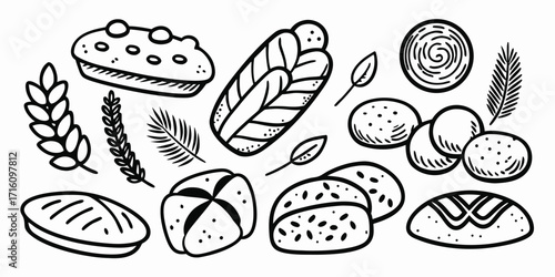 Drawn assortment of fresh baked bread rolls loaves and wheat stalks hand sketch