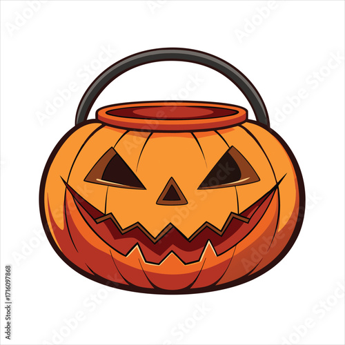 Classic jack o lantern candy bucket for halloween trick or treating flat vector illustration.