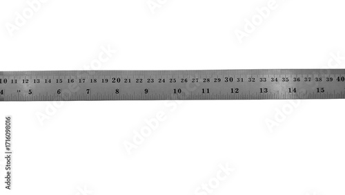 A long stainless steel ruler with dual scales: centimeters and inches. It features a hanging hole at the right end and clear numbers for precise measurements.