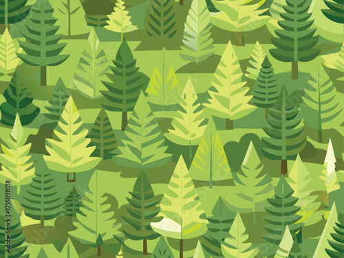 Green forest seamless pattern with pine tree and fir tree shapes. Nature art for eco friendly design or children's textile. Minimalist wood landscape.