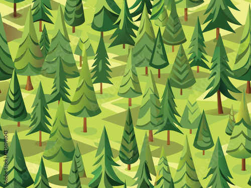Green forest seamless pattern with pine tree and fir tree shapes. Nature art for eco friendly design or children's textile. Minimalist wood landscape.