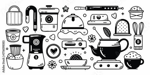 Baking essentials collection featuring kitchen appliances and dessert elements detailed line art