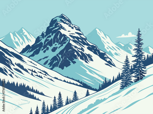 Snow covered mountains and pine forest with ski tracks in winter landscape. Flat vector illustration of a winter resort for postcard design.