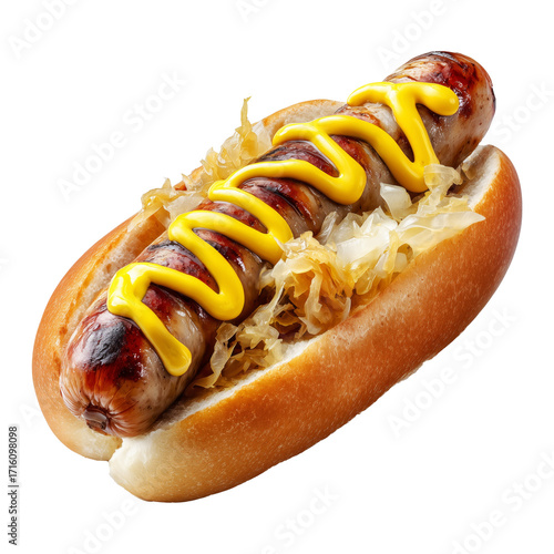 Juicy grilled midwest bratwurst sausage in soft bun with sauerkraut and mustard on top, isolated on white transparent background, concept of fast food and snacks