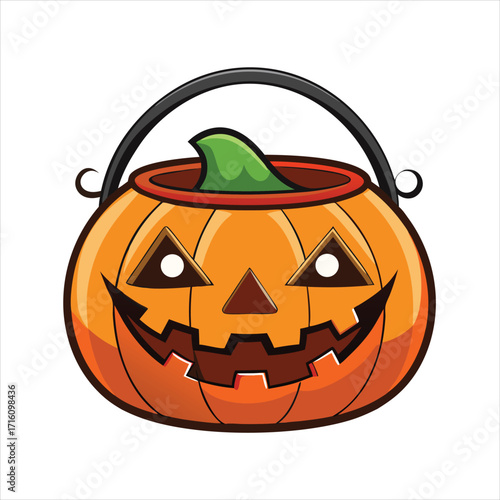 Classic jack o lantern candy bucket for halloween trick or treating flat vector illustration.