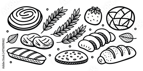 Collection of delicious baked goods and wheat stalks hand drawn sketch style
