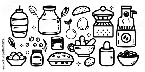 Baking essentials collection featuring ingredients and kitchen tools hand-drawn style