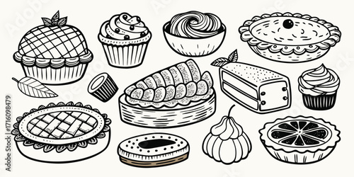 Hand-drawn sketch collection of delicious baked goods and pastries for baking enthusiasts
