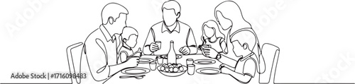 Three people sitting at a table enjoying drinks in a minimalist line drawing style