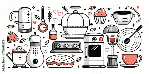Whimsical baking and cooking essentials collection hand-drawn style with food items