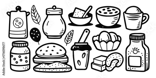 Whimsical hand drawn food and drink collection kitchen ingredients and snacks isolated elements