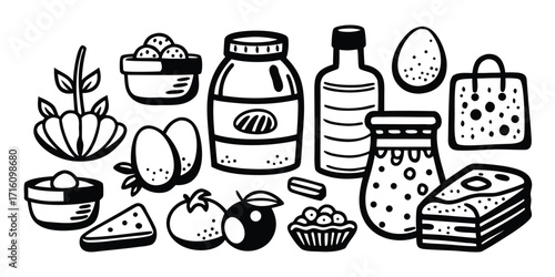 Hand-drawn baking essentials and fresh ingredients for culinary creations