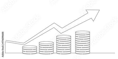 continuous line art of stacks of dollar coins lined up to form a graph and an arrow pointing upwards. concept of a great achievement