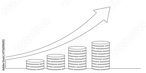 continuous line art of stacks of dollar coins lined up to form a graph and an arrow pointing upwards. concept of a great achievement