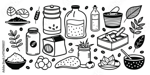 Hand drawn baking ingredients and utensils collection for culinary creations and recipes
