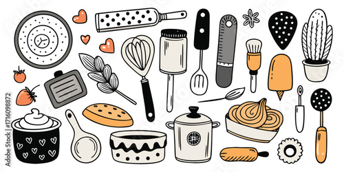 Baking essentials collection fun hand drawn kitchen utensils and bakeware elements