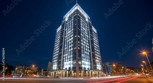 International stock exchange building illuminated at night
