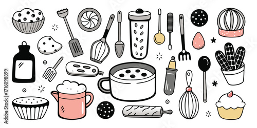 Charming hand-drawn baking essentials and tools for culinary creativity and kitchen fun