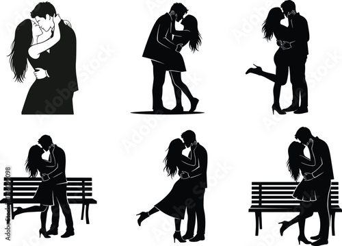 Couple silhouette, romantic kiss, love embrace, passion art, dating romance, intimacy, affection, relationship, togetherness, partnership, emotional bond, romance illustration