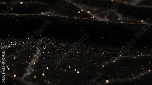 Sparkling black velvet fabric shimmers with scattered light, creating a luxurious and elegant texture in a dark, moody setting.