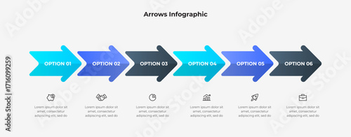 Colorful arrows infographic showcasing six connected sequential steps with text and minimal icons