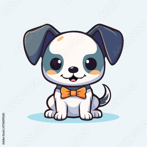 Cute cartoon puppy dog with orange bow tie sitting down.