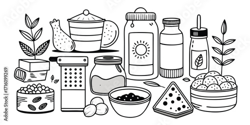 Hand-drawn baking essentials and ingredients for delicious homemade creations