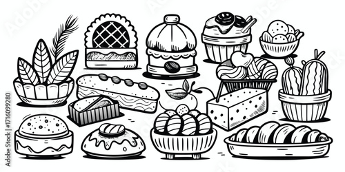 Drawn collection of assorted baked goods pastries bread cakes pies and muffins art