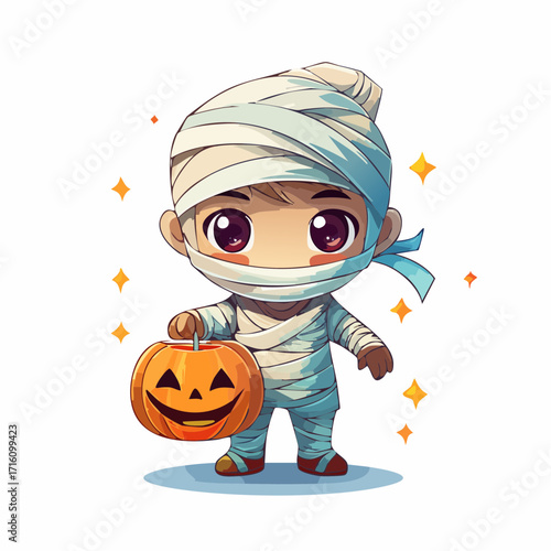 Cute Chibi Mummy Holding a JackoLantern for Halloween.