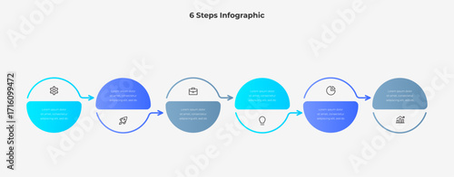 Abstract infographic design featuring six interconnected steps represented by circles in varying blue shades. Ideal for business, process visualization, and organizational strategies