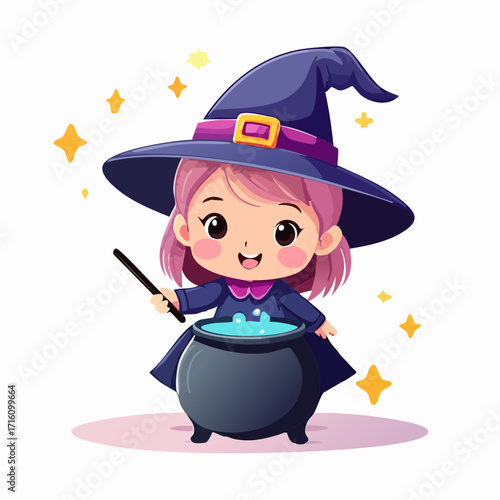 Cute little witch girl with pink hair brewing a potion in a cauldron.